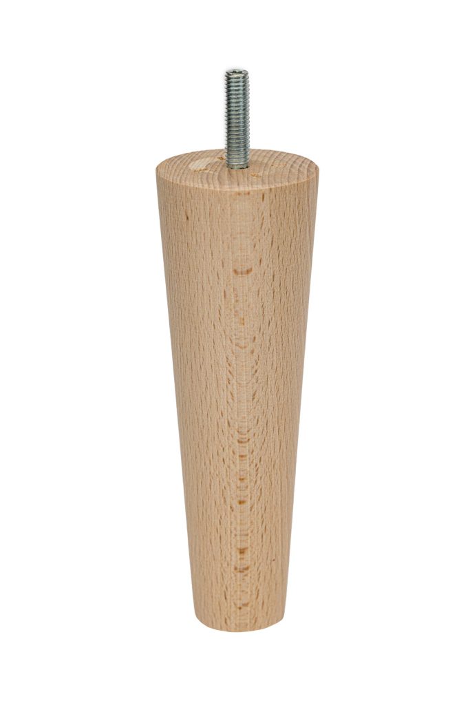 Bukowa noga stożek do mebli, toczona, z wkręconą śrubą, w kolorze surowego naturalnego drewna