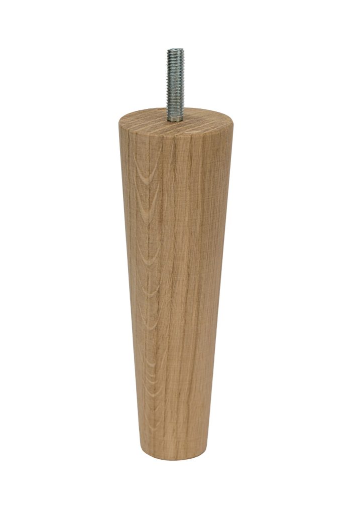 Noga toczona stożek z drewna dębowego do mebli, z wkręconą śrubą, surowa