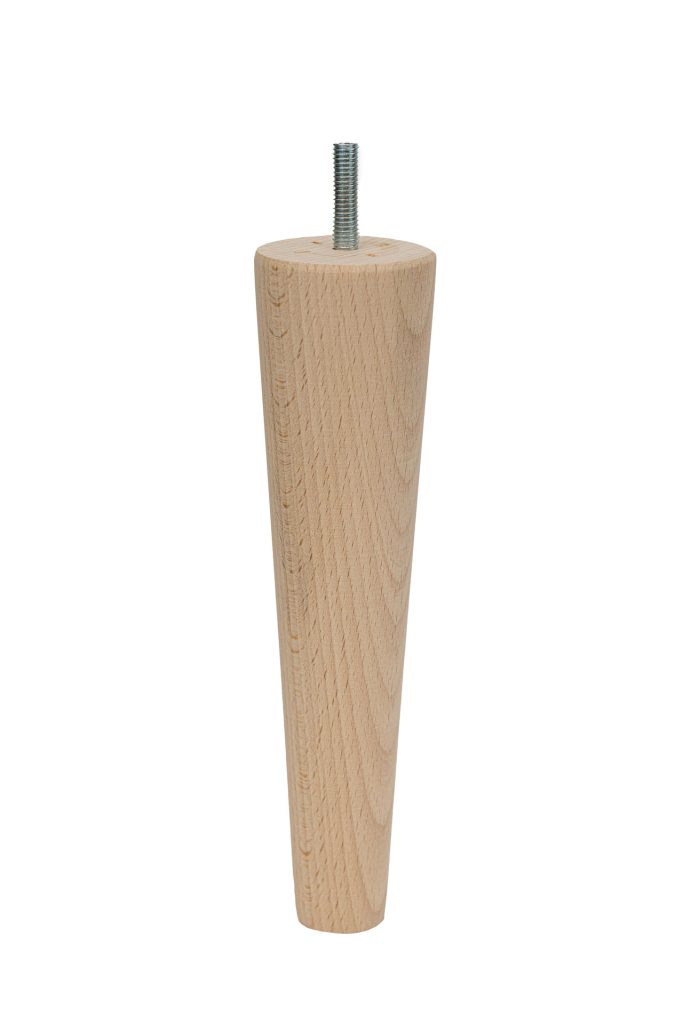 Noga bukowa do mebli, drewniana, toczona, o kształcie stożka, z wkręconą śrubą, w kolorze naturalnego drewna