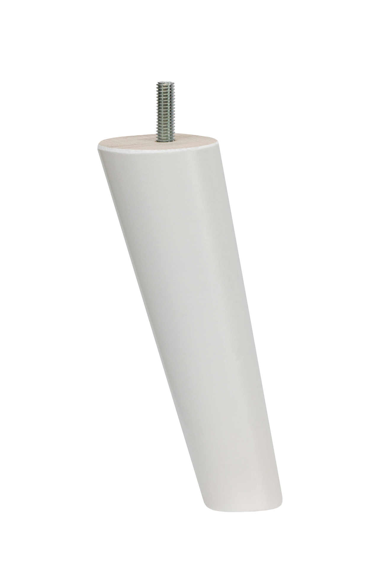 Drewniana noga meblowa z drewna bukowego, toczona, o kształcie stożka skośnego, z wkręconą śrubą, w kolorze białym