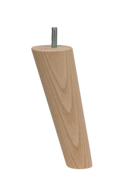 Skośna noga do mebli z drewna bukowego, toczona, o kształcie stożka, z wkręconą śrubą, surowa