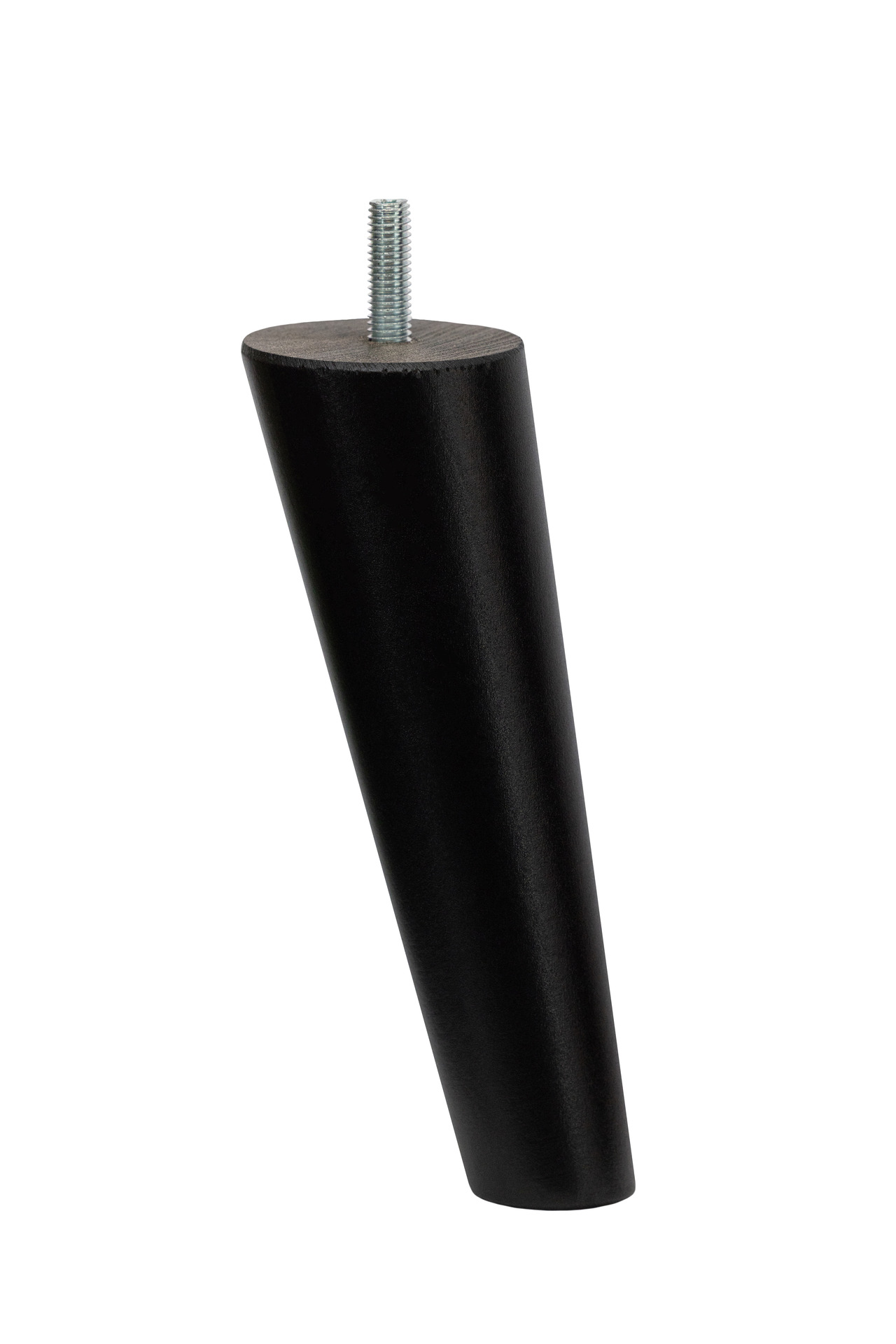 Drewniana noga meblowa z drewna bukowego, toczona, o kształcie stożka skośnego, z wkręconą śrubą, w kolorze czarnym
