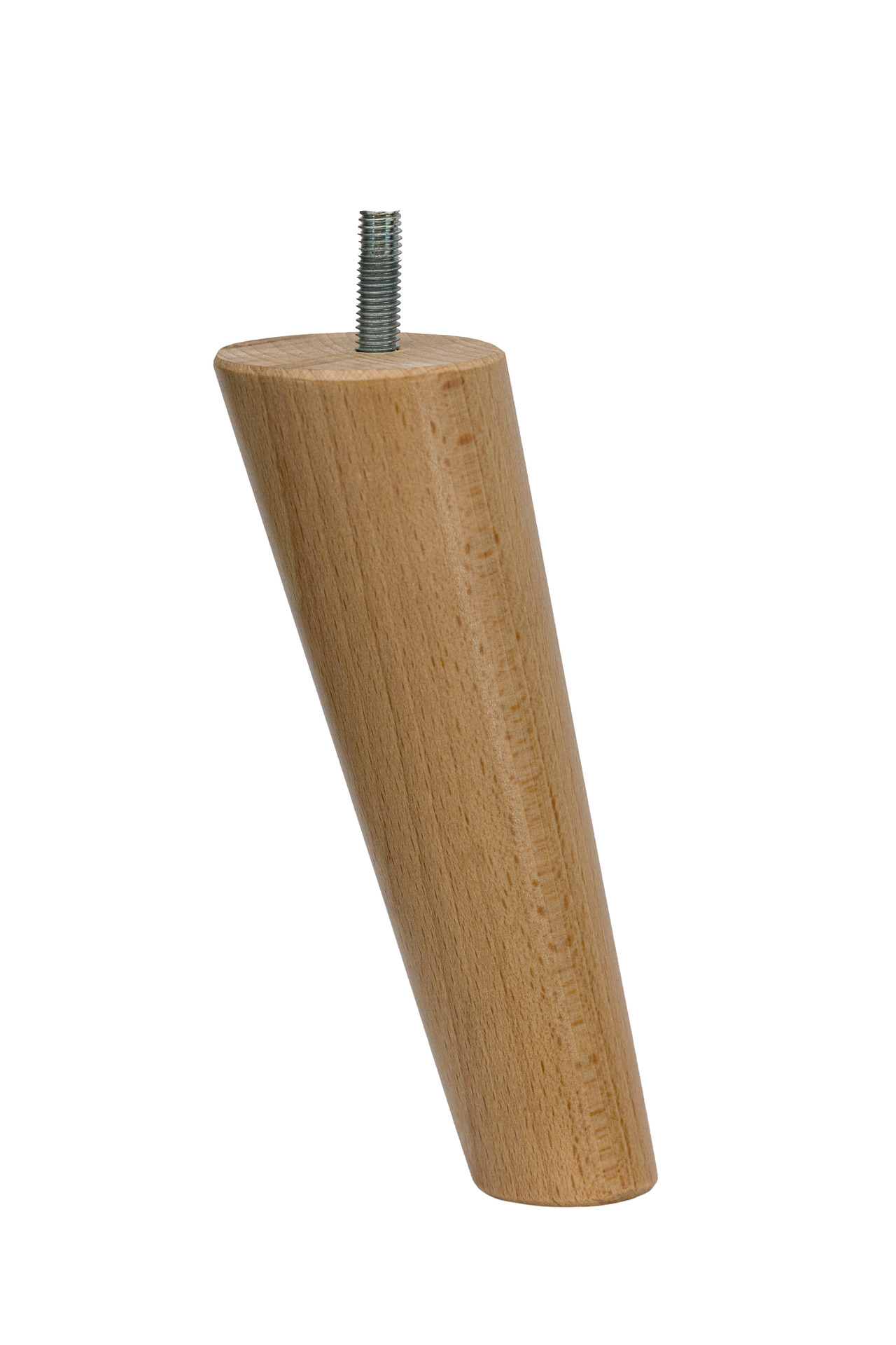 Drewniana noga meblowa z drewna bukowego, toczona, o kształcie stożka skośnego, z wkręconą śrubą, w kolorze naturalnym
