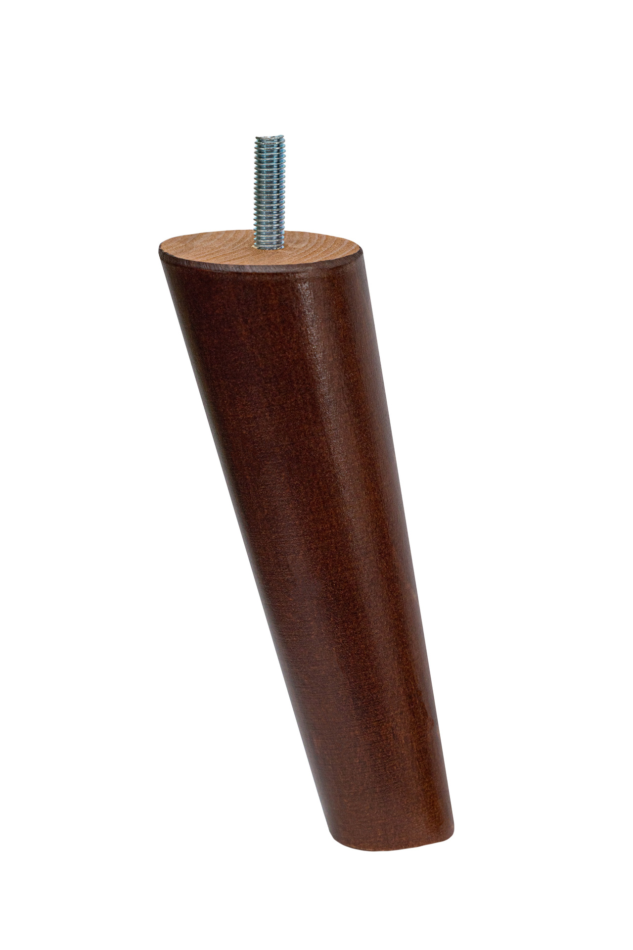 Drewniana noga meblowa z drewna bukowego, toczona, o kształcie stożka skośnego, z wkręconą śrubą, w kolorze orzech