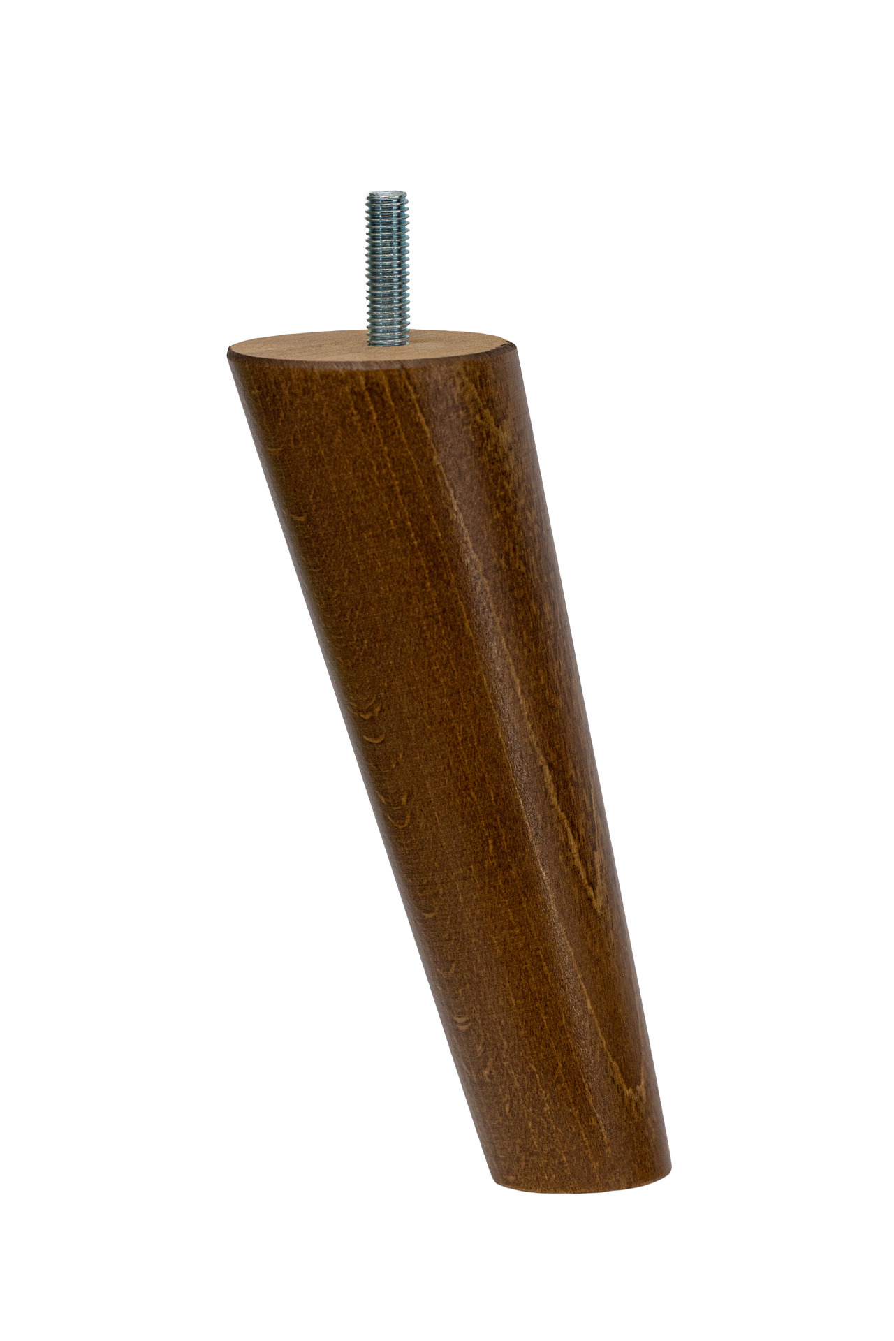Drewniana noga meblowa z drewna bukowego, toczona, o kształcie stożka skośnego, z wkręconą śrubą, w kolorze rustikal