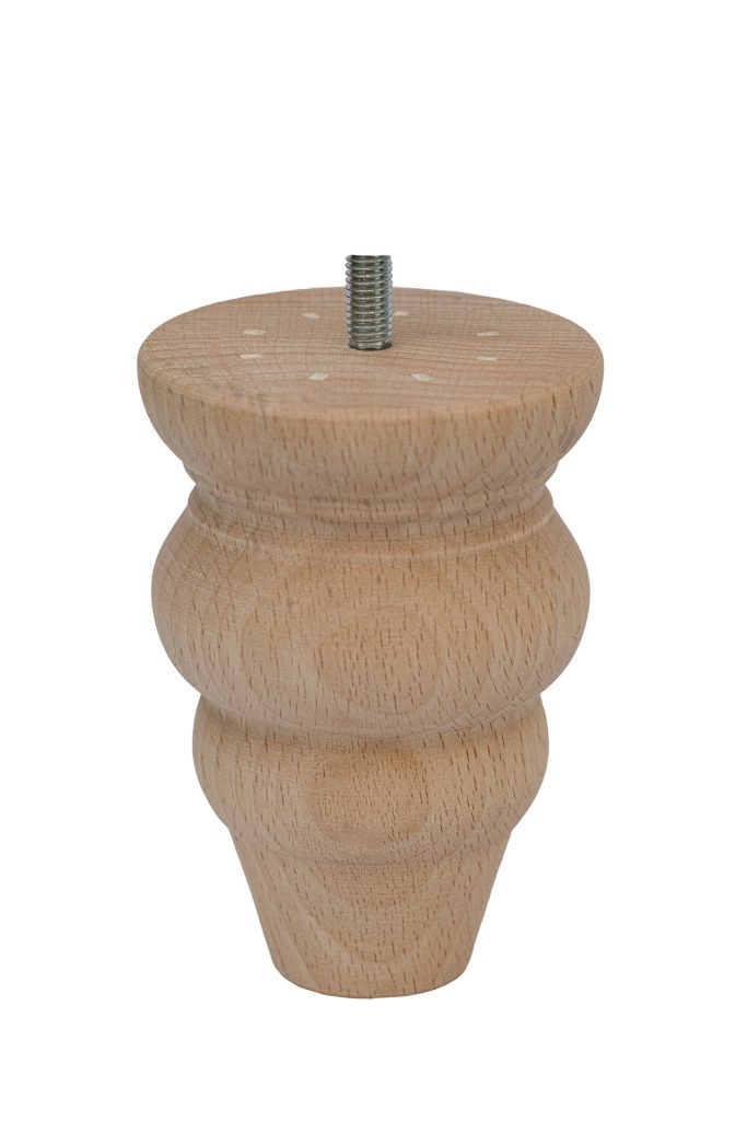 Toczona noga do mebli z drewna bukowego, o kształcie kuli z wcięciami, z wkręconą śrubą, surowa