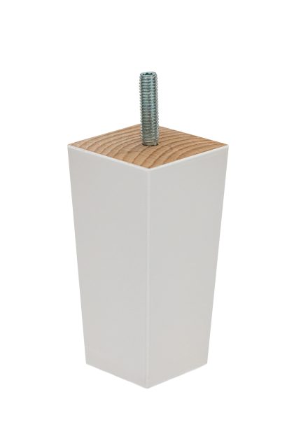 Drewniana noga meblowa z drewna bukowego, o kształcie piramidy, w kolorze białym