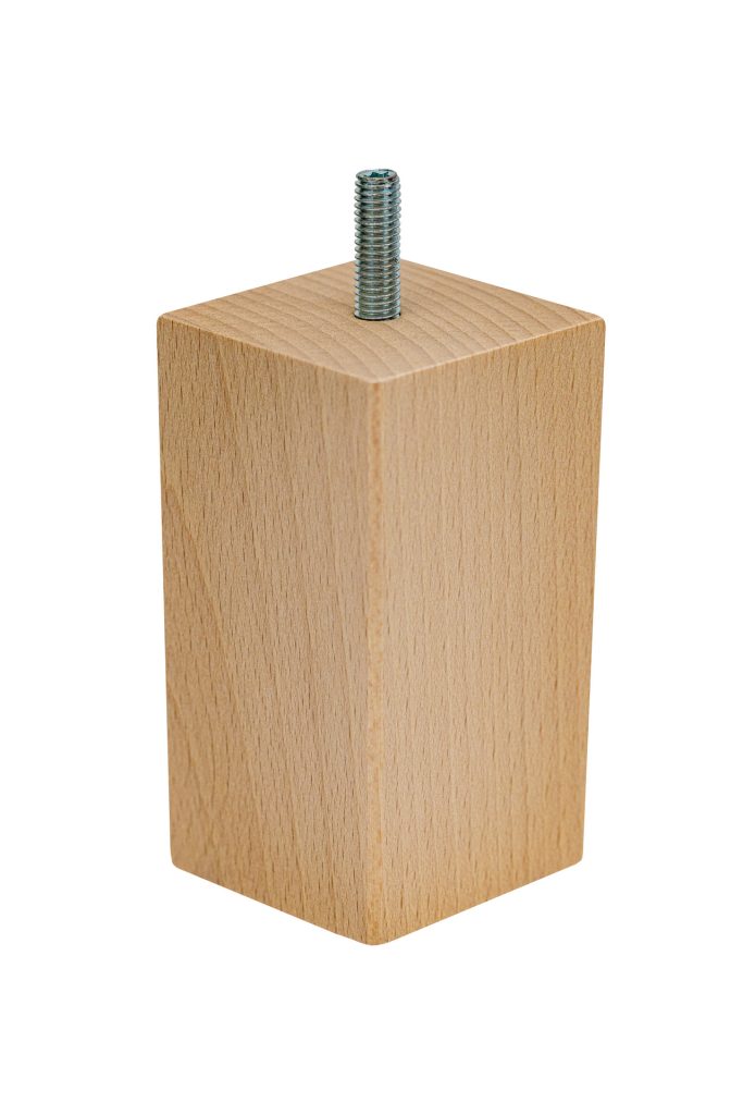 Drewniana noga meblowa z drewna bukowego o kształcie kostki stojącej z wkręconą śrubą, surowa