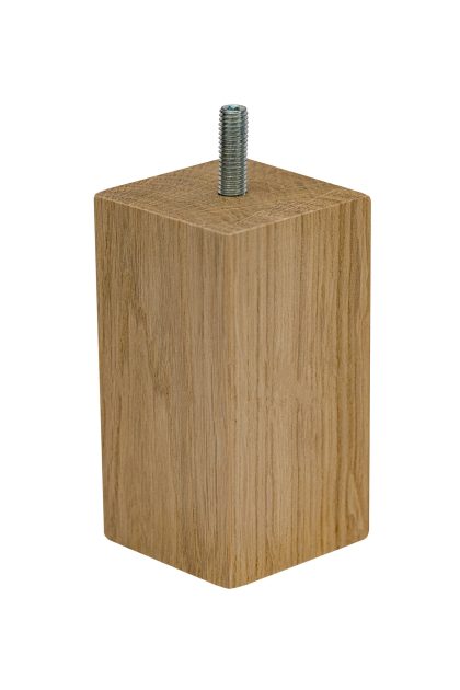 Drewniana noga meblowa z drewna dębowego o kształcie kostki stojącej z wkręconą śrubą, surowa