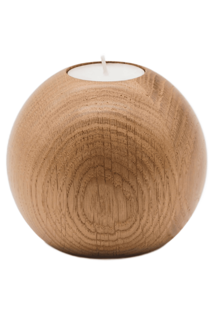Drewniany świecznik z drewna dębowego o kształcie kuli, w kolorze naturalnym, na świece typu tealight