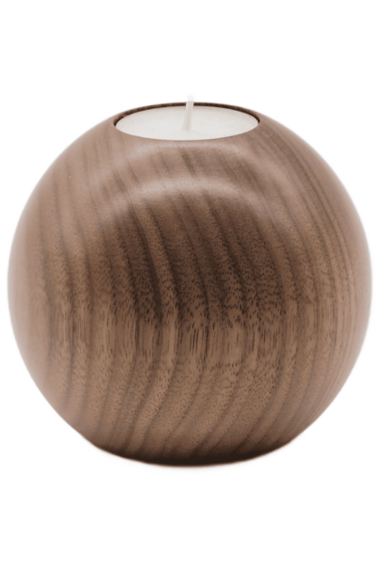 Drewniany świecznik z drewna orzecha amerykańskiego o kształcie kuli, w kolorze naturalnym, na świece typu tealight