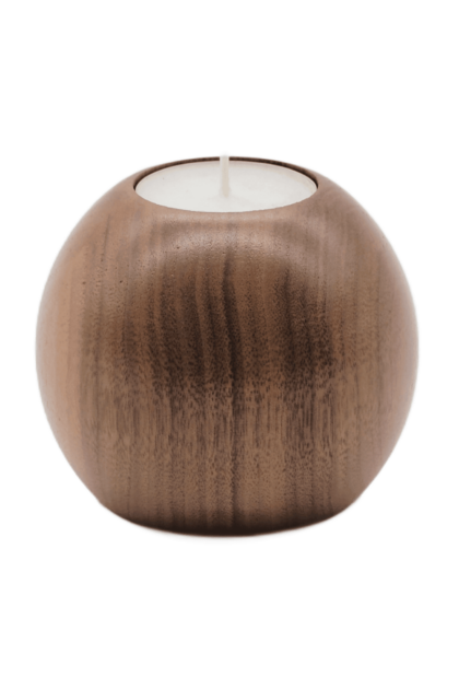 Drewniany świecznik z drewna orzecha amerykańskiego o kształcie kuli, w kolorze naturalnym, na świece typu tealight