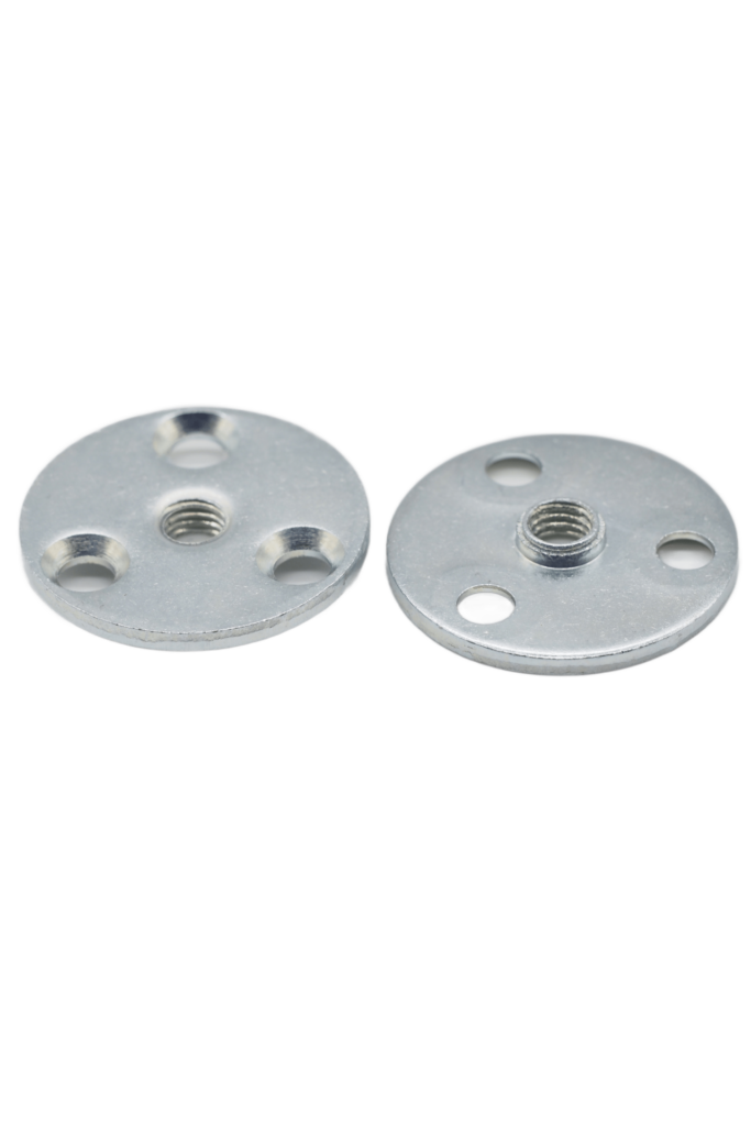 Blacha montażowa o kształcie koła o średnicy 40 mm, wykonana ze stali, widoczna z góry i z dołu