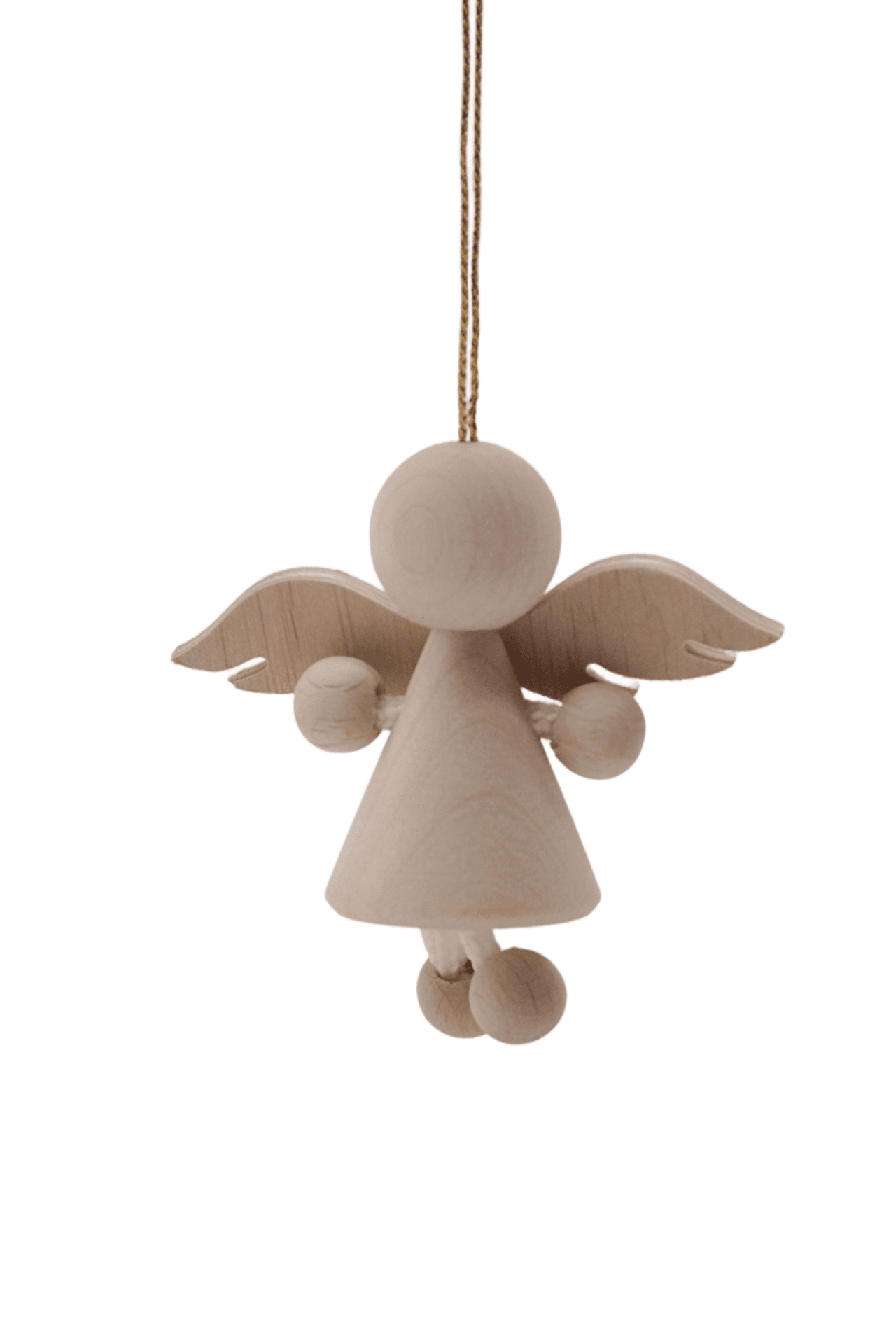 Drewniany aniołek z jasnego drewna ze złotą zawieszką