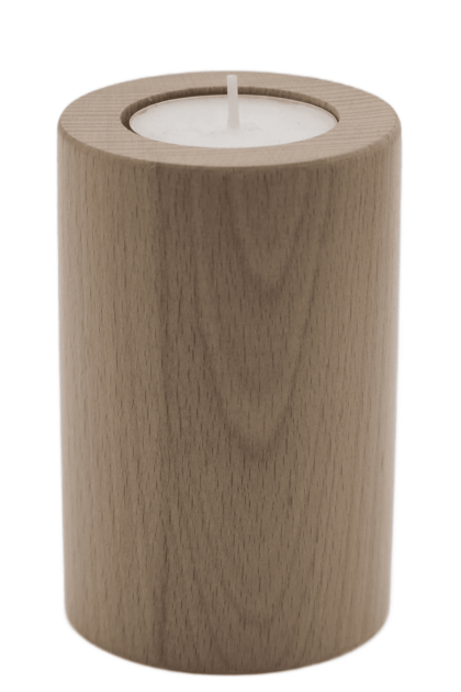 Drewniany świecznik o kształcie walca na świece podgrzewacze, typu tealight, w kolorze naturalnego drewna bukowego